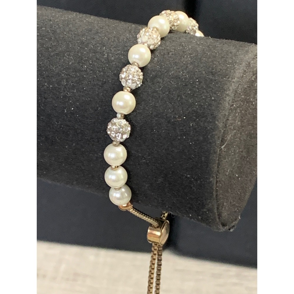 Charter Club Rose Gold Tone Faux Pearl and Pave Crystal Bolo Bracelet